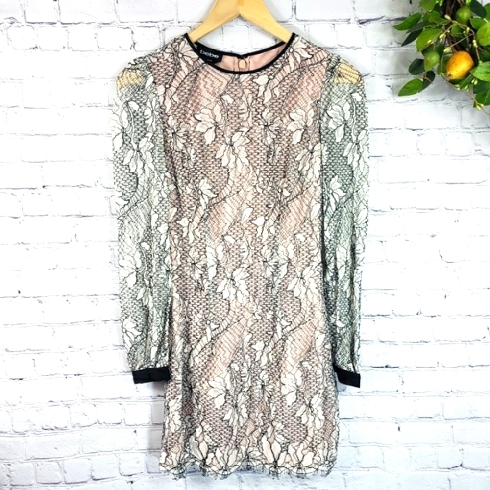 BEBE Lace Floral Mini Dress Black & Nude Size 2